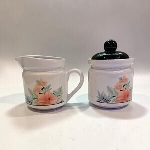 Vintage Taiwan Ceramic Creamer & Covered Sugar Bowl Tropical Floral Kitchen Set